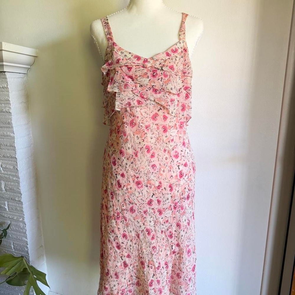 ANN TAYLOR LOFT 100% Silk Pink Floral Slip Dress Cottagecore Midi Size 4